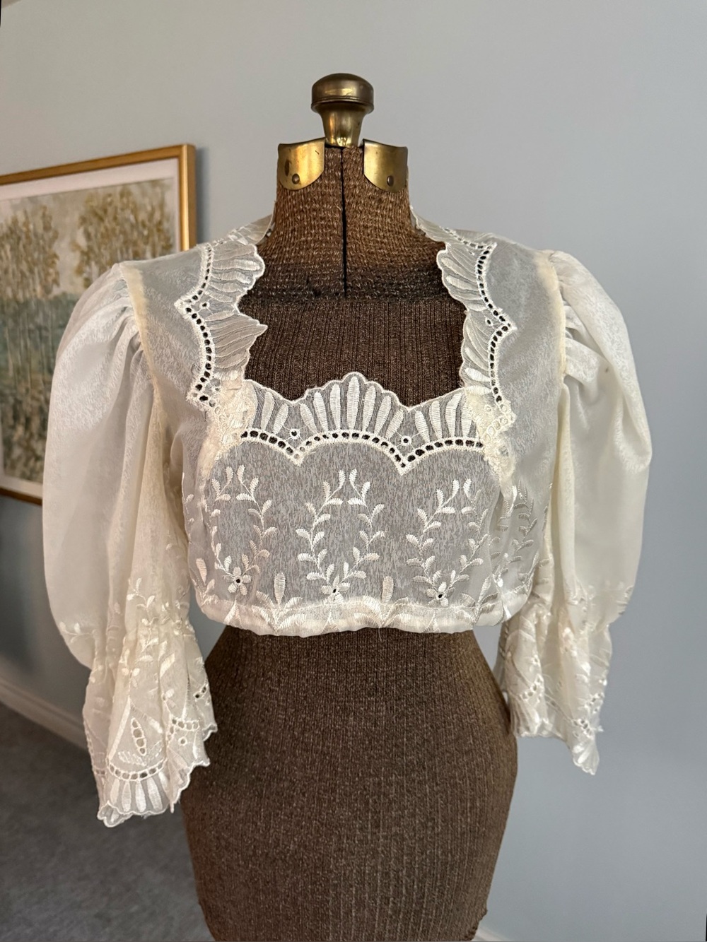 Vintage White Embroidered Dirndl Blouse Bavarian Puff Sleeve